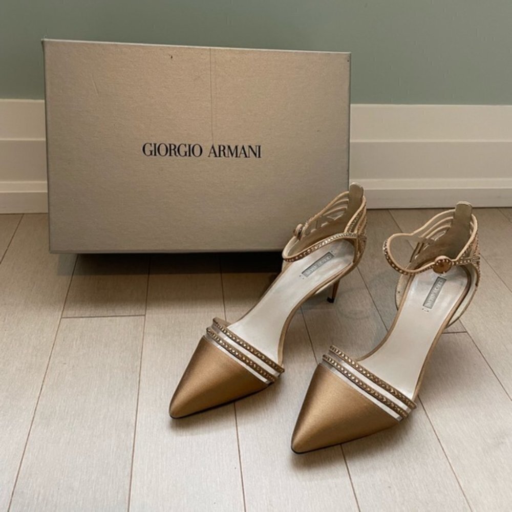 Giorgio Armani Metallic Gold Pointed Toe Studded Ankle-Strap Heels